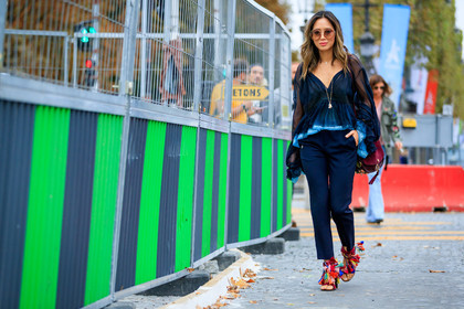 aimee song, atmosphere details, black shirt, bordeaux, burgundy, chloe, fashion week, frenchystyle, full length, FW, high heels, horizontal, jonathan paciullo, leather bag, leather shoes, navy pants, PARIS, PFW, pompons, red bag, red sandals, see through, silk shirt, SPRING SUMMER 2017, SS 17, street style, studded bag, sunglasses, tie & die, trousers