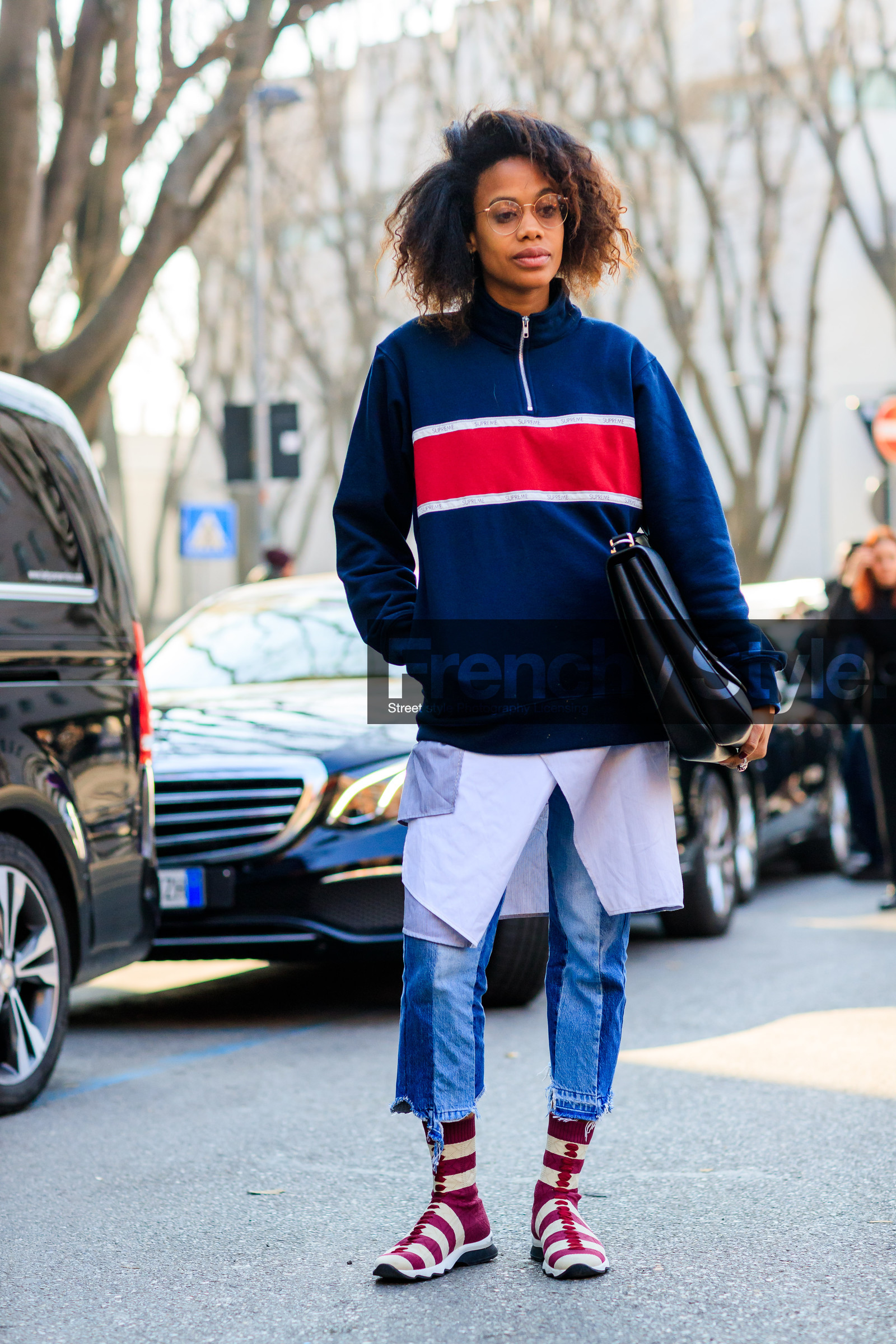 AUTUMN WINTER 2017-2018, AW 17-18, black bag, blue denim, blue sweater, denim pants, FALL WINTER 2017-2018, fashion week, fendi, frenchystyle, full length, FW, FW 17-18, geometric, graphic jacket, graphic shoes, graphic sweater, jan-michael quammie, jeans, jonathan paciullo, leather shoes, MFW, MILAN, printed jacket, printed shoes, printed sweater, red boots, street style, stripes, trousers, vertical