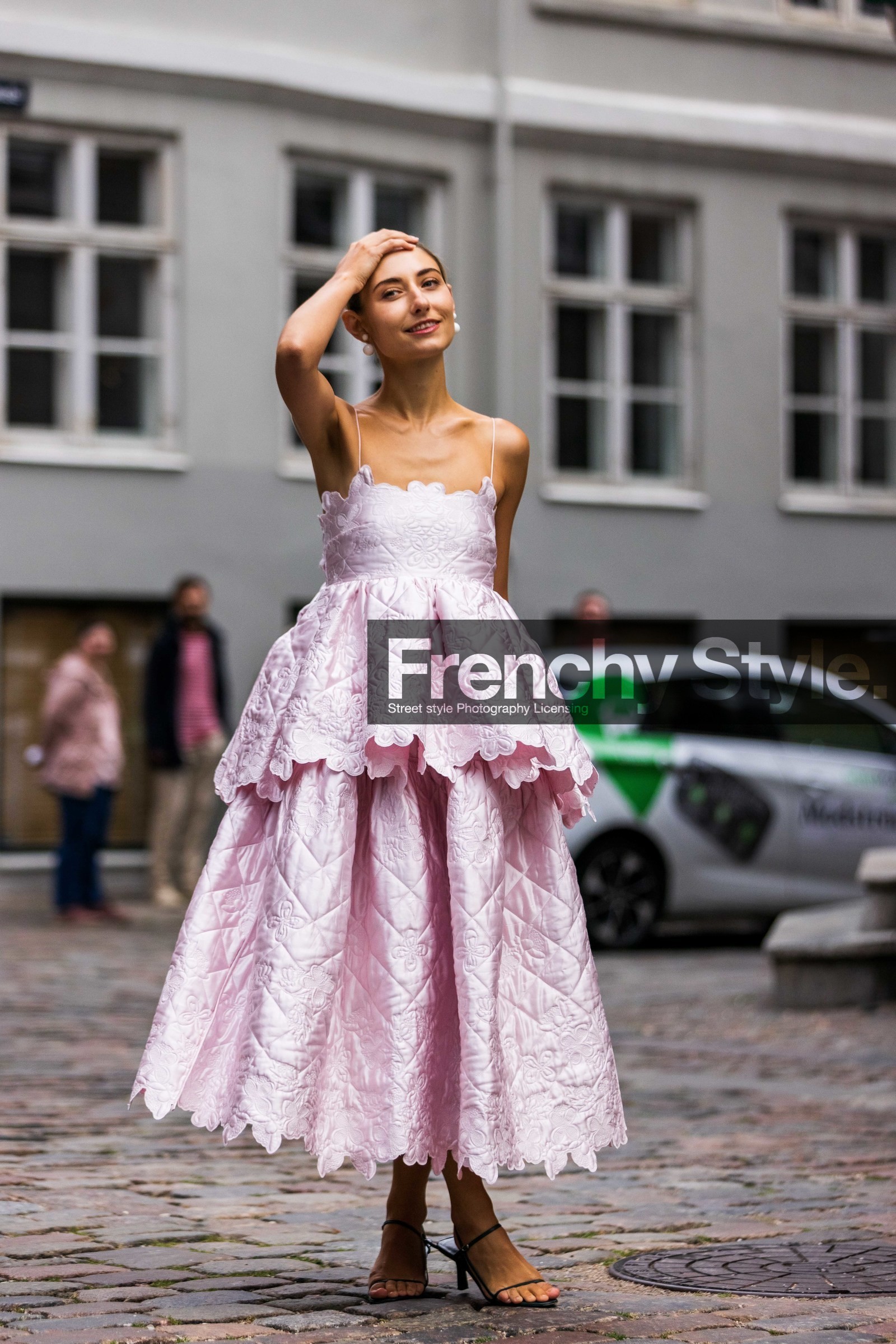 Jenny M Walton, light pink dress, pink dress, ruffle dress, sleeveless dress, long dress, embroidered dress, quilted dress, fashion week, frenchystyle, FW, jonathan paciullo, street style, SPRING SUMMER 2022, SS 22, COPENHAGEN, CPHFW, vertical, full length