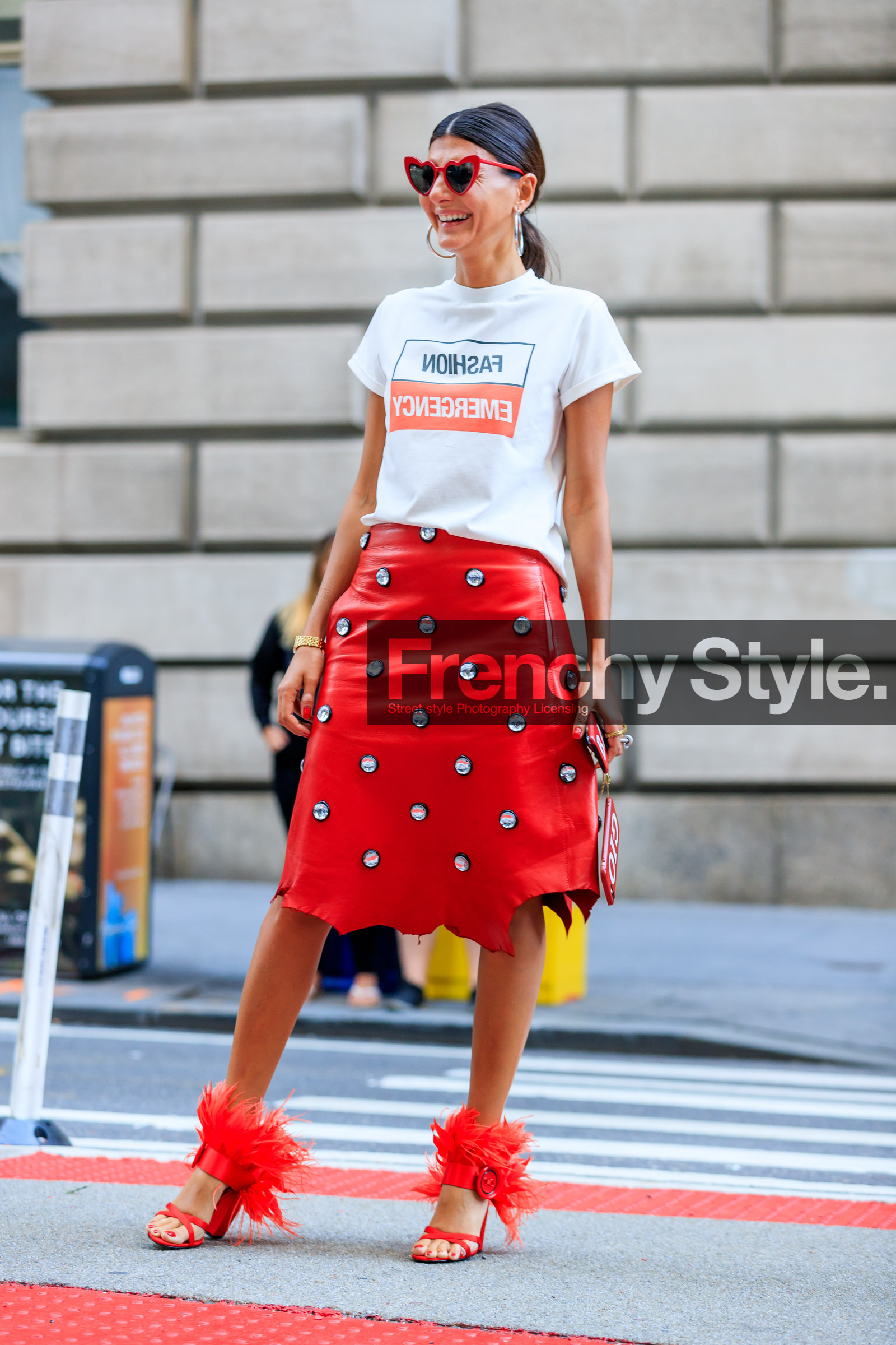 embroidered skirt, fashion week, frenchystyle, full length, fun sunglasses, fur shoes, FW, giovanna battaglia, high heels, iphone, jonathan paciullo, leather shoes, leather skirt, NEW YORK, NYFW, printed t shirt, red shoes, red skirt, SPRING SUMMER 2018, SS 18, street style, studs, sunglasses, vertical, white t shirt