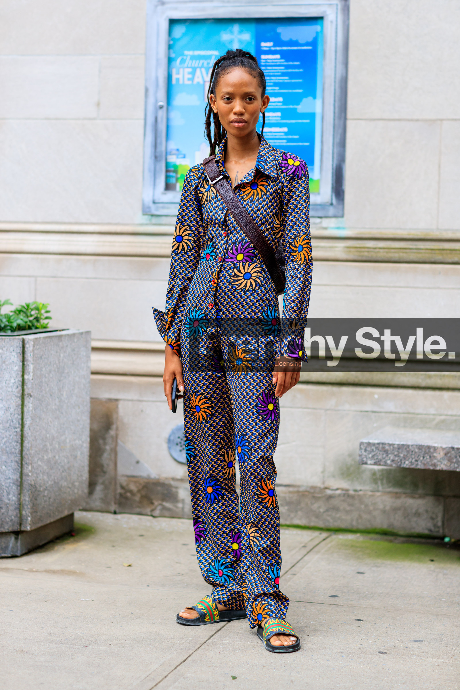 black sandals, checked, floral, flowers, graphic jumpsuit, graphic pants, leather shoes, plaid, printed jumpsuit, printed pants, trousers, model, fashion week, frenchystyle, FW, jonathan paciullo, street style, NYFW, NEW YORK, SPRING SUMMER 2019, SS 19, vertical, full length