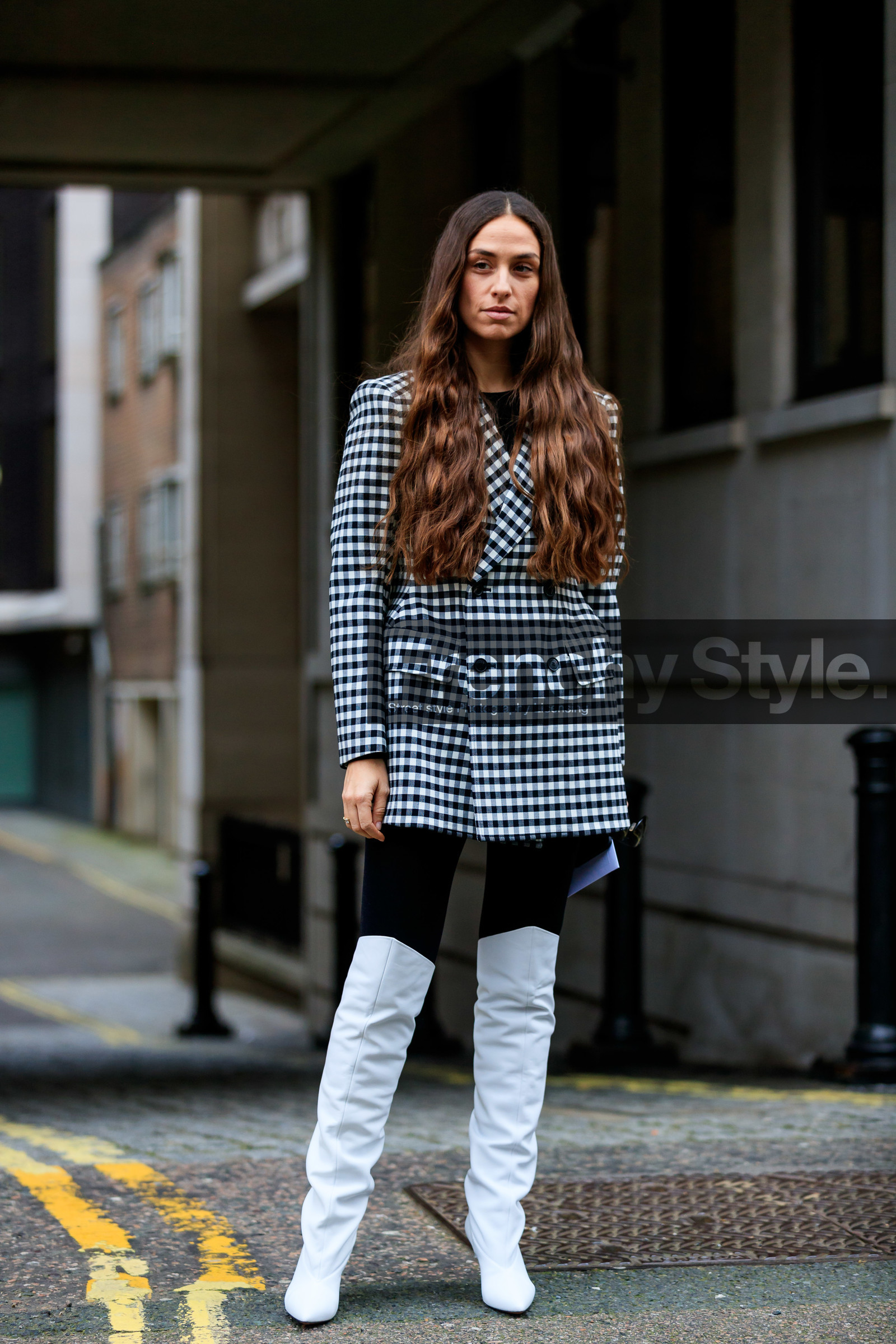 balenciaga, black and white, blazer, checked, erika boldrin, gingham, graphic jacket, high boots, high heels, leather shoes, plaid, printed jacket, white boots, street style, jonathan paciullo, FW, frenchystyle, fashion week, LFW, LONDON, AUTUMN WINTER 2019-2020, AW 19-20, FW 19-20, FALL WINTER 2019-2020, vertical, full length