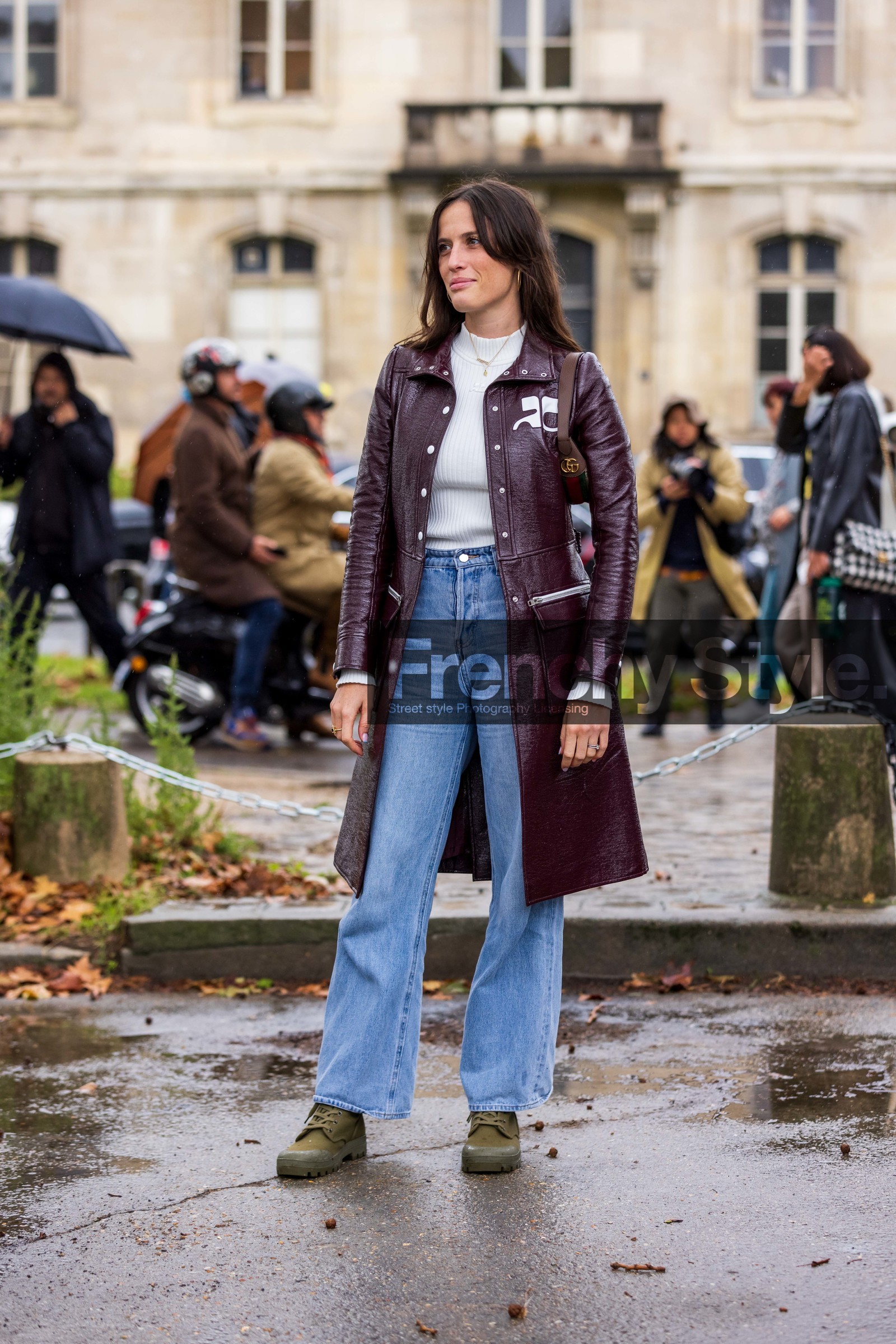 Astrid Boutrot, blue denim, blue jean, boots, burgundy coat, coat, courreges coat, denim, flare denim, flare jean, flare pants, gucci bag, jean, khaki boots, lace-up boots, leather coat, ribbed top, white top, fashion week, frenchystyle, FW, jonathan paciullo, street style, PFW, PARIS, SPRING SUMMER 2022, SS 22, vertical, full length