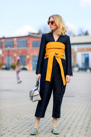 AUTUMN WINTER 2017-2018, AW 17-18, black jacket, black pants, black suit, blazer, bustier top, FALL WINTER 2017-2018, fashion week, frenchystyle, full length, FW, FW 17-18, gucci, jonathan paciullo, leather bag, leather shoes, MFW, MILAN, monogram, printed shoes, shiny bag, silver bag, street style, sunglasses, trousers, vertical, yellow belt