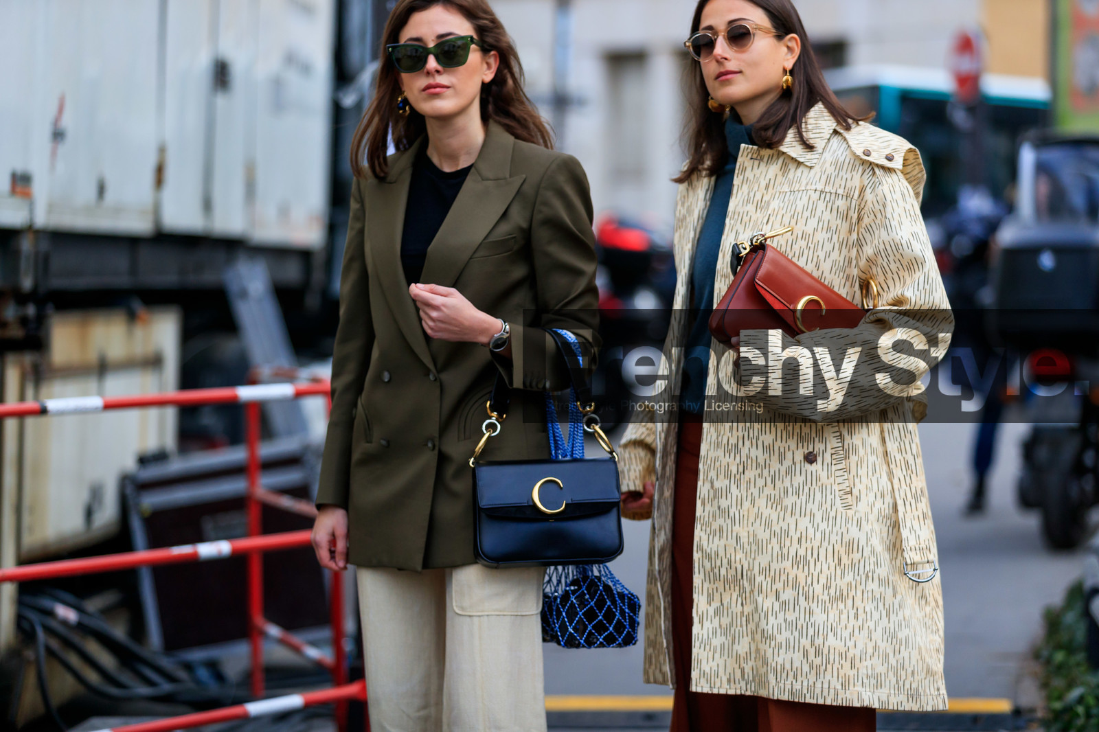beige coat, beige pants, black bag, black sweater, blazer, blue sweater, chloé, earrings, graphic jacket, green jacket, julia haghjoo, leather bag, printed jacket, red bag, sunglasses, sylvia haghjoo, trousers, PARIS, PFW, street style, jonathan paciullo, FW, frenchystyle, fashion week, AUTUMN WINTER 2019-2020, AW 19-20, FALL WINTER 2019-2020, FW 19-20, horizontal, atmosphere details, detail