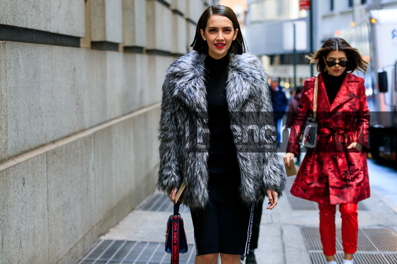 black bag, black dress, fur jacket, grey fur, grey jacket, leather bag, michael kors, street style, jonathan paciullo, frenchystyle, NYFW, NEW YORK, AUTUMN WINTER 2019-2020, AW 19-20, FALL WINTER 2019-2020, FW 19-20, FW, fashion week, atmosphere details, horizontal, detail