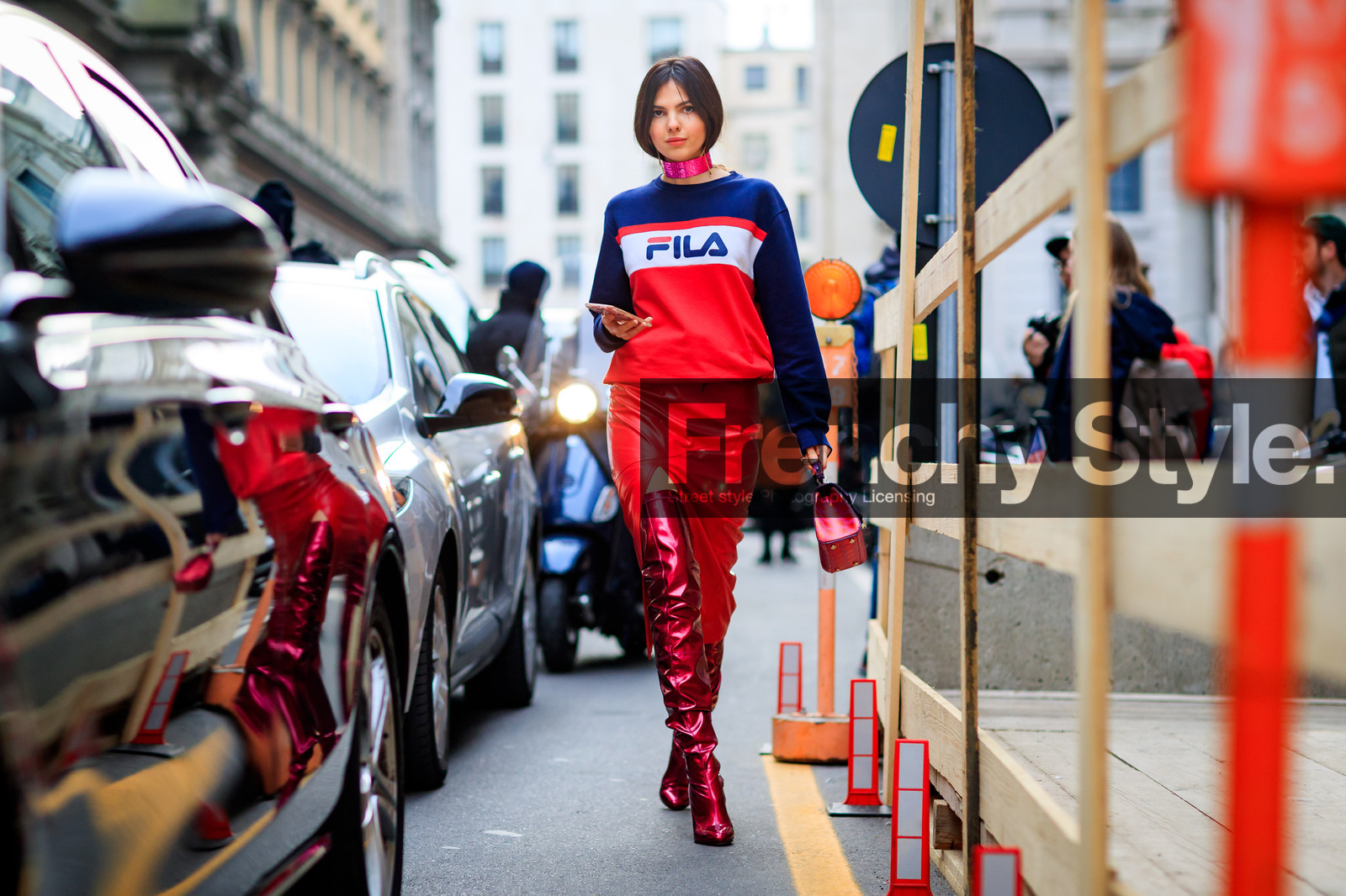 atmosphere details, AUTUMN WINTER 2017-2018, AW 17-18, choker, doina ciobanu, FALL WINTER 2017-2018, fashion week, frenchystyle, full length, FW, FW 17-18, graphic sweater, high boots, high heels, horizontal, jonathan paciullo, leather bag, leather boots, leather shoes, leather skirt, MFW, MILAN, necklace, printed bag, printed sweater, red bag, red boots, red skirt, street style, vêtements