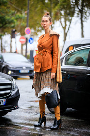 orange jacket, orange boots, black leather boots, high boots, wrap skirt, checked skirt, checked scarf, woolen scarf, striped skirt, brown skirt, plaid skirt, estelle pigault, fashion week, frenchystyle, FW, jonathan paciullo, street style, SPRING SUMMER 2020, SS 20, PFW, PARIS, vertical, full length