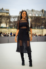dior saddle bag, beige bag, blavk dress, higknee boots, black boots, braids dior, christian dior, fashion week, frenchystyle, FW, jonathan paciullo, street style, AUTUMN WINTER 2022-2023, FALL WINTER 2022_2023, FW 22-23, PFW, PARIS, vertical, full length