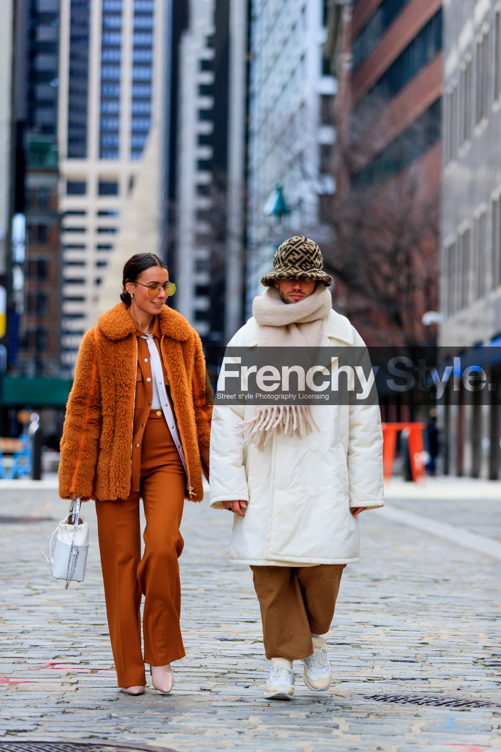 alice & j.s, beige jacket, beige scarf, brown pants, camel jacket, camel pants, chloe king, fendi, fur hat, high heels, leather bag, leather shoes, monogram, shearling, sunglasses, trousers, white bag, white shoes, white sneakers, street style, jonathan paciullo, frenchystyle, NYFW, NEW YORK, AUTUMN WINTER 2019-2020, AW 19-20, FALL WINTER 2019-2020, FW 19-20, fashion week, FW, vertical, full length