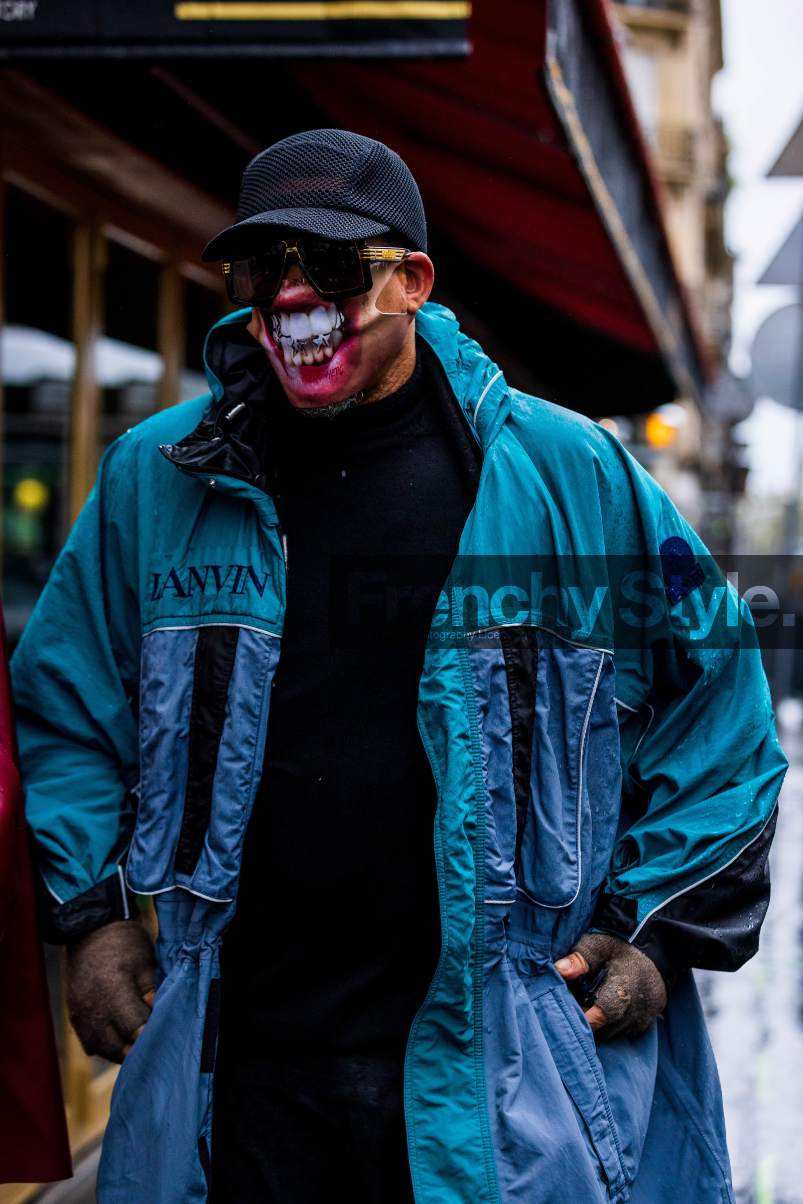 black cap, black knitwear, blue jacket, blue raincoat, cap, facial mask, grey mitten, jacket, Joey Starr, knitwear, lanvin look, menswear, mitten, raincoat, sunglasses, fashion week, frenchystyle, FW, jonathan paciullo, street style, PFW, PARIS, SPRING SUMMER 2022, SS 22, vertical, atmosphere details