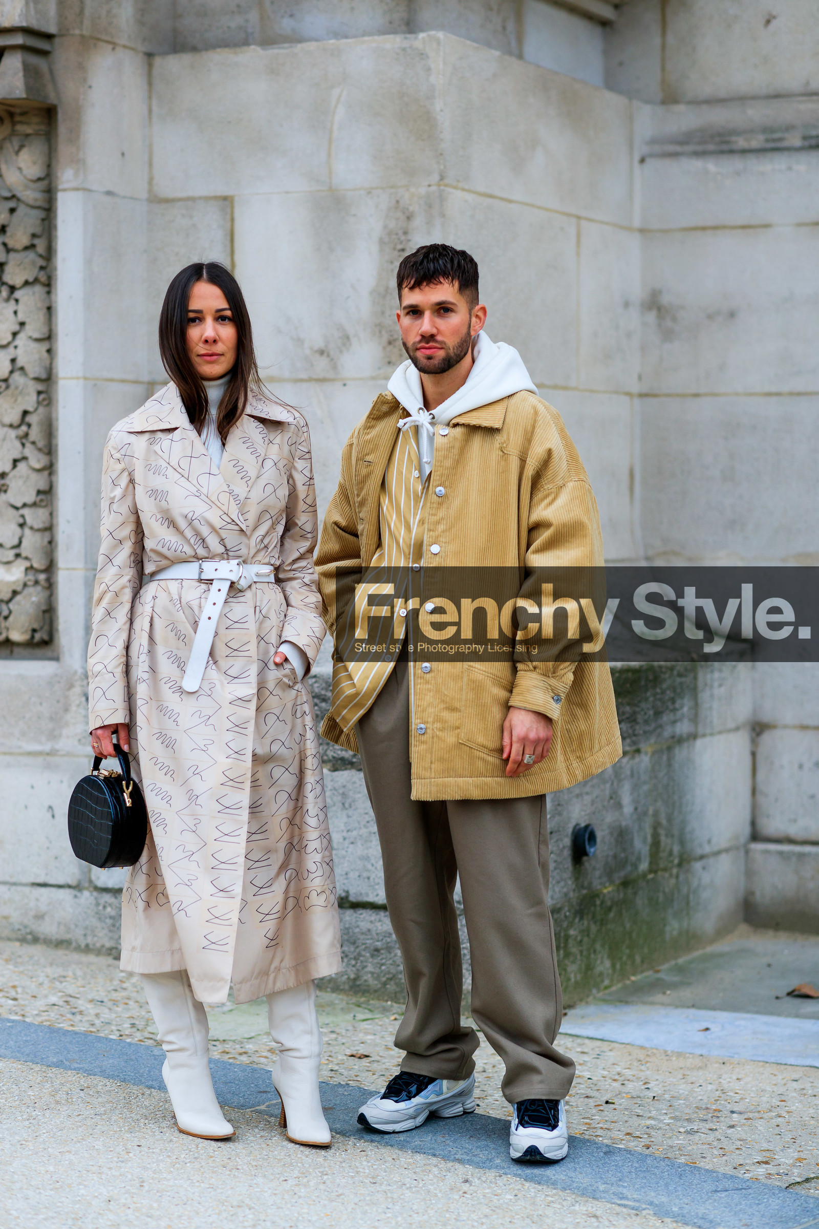 alice & j.s, beige coat, beige jacket, black bag, corduroy, graphic jacket, grey pants, high boots, high heels, hoodie, leather bag, leather belt, leather shoes, printed jacket, stripes, trousers, white belt, white shoes, white sweater, PARIS, PFW, street style, jonathan paciullo, FW, frenchystyle, fashion week, AUTUMN WINTER 2019-2020, AW 19-20, FALL WINTER 2019-2020, FW 19-20, vertical, full length