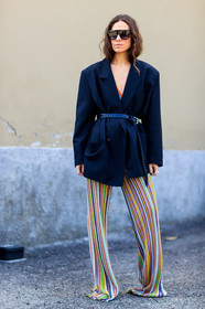 AUTUMN WINTER 2017-2018, AW 17-18, belted jacket, black belt, black jacket, blazer, erika boldrin, FALL WINTER 2017-2018, fashion week, frenchystyle, full length, FW, FW 17-18, geometric, graphic pants, jonathan paciullo, marco de vincenzo, MFW, MILAN, multicolor pants, oversize, printed pants, street style, striped pants, stripes, sunglasses, trousers, vertical