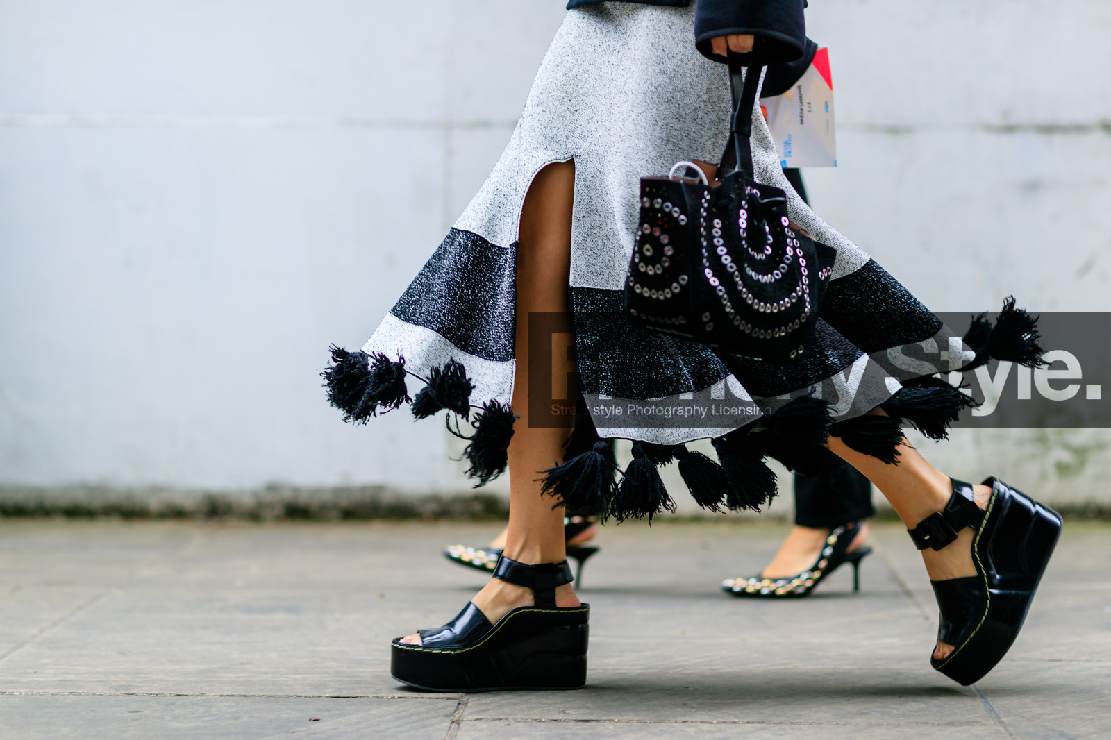 atmosphere details, black bag, black wedges, céline, detail, fashion week, frenchystyle, FW, grey skirt, high heels, horizontal, jonathan paciullo, leather bag, leather shoes, LFW, LONDON, pompons, SPRING SUMMER 2017, SS 17, street style, studded bag, suede bag, woman