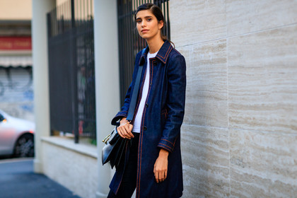 atmosphere details, black bag, black pants, blue denim, denim coat, denim jacket, detail, fashion week, frenchystyle, FW, horizontal, jonathan paciullo, jw anderson, leather bag, MFW, mica arganaraz, MILAN, model, prada, SPRING SUMMER 2017, SS 17, street style, trousers, white t shirt