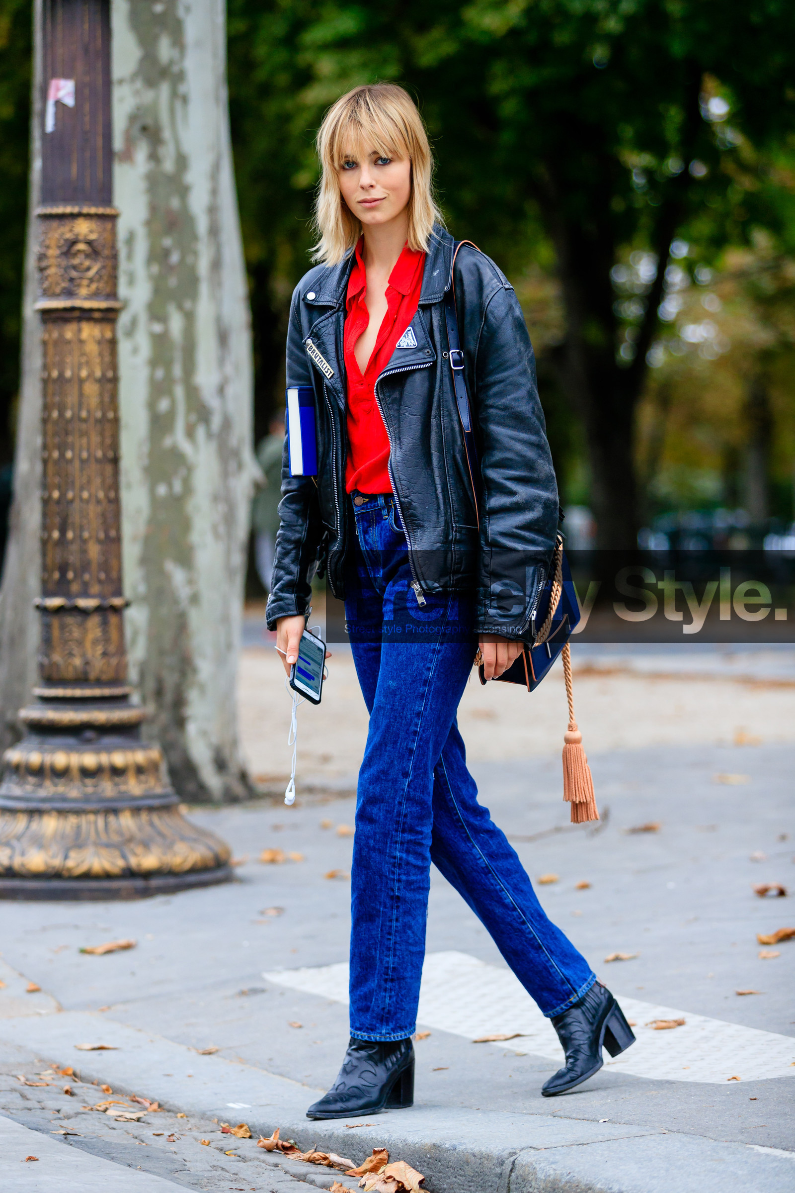 black bag, black boots, black jacket, black perfecto, blue denim, denim pants, edie campbell, fashion week, frenchystyle, full length, FW, high heels, jeans, jonathan paciullo, leather bag, leather jacket, leather perfecto, leather shoes, PARIS, PFW, pompons, red shirt, SPRING SUMMER 2017, SS 17, street style, trousers, vertical