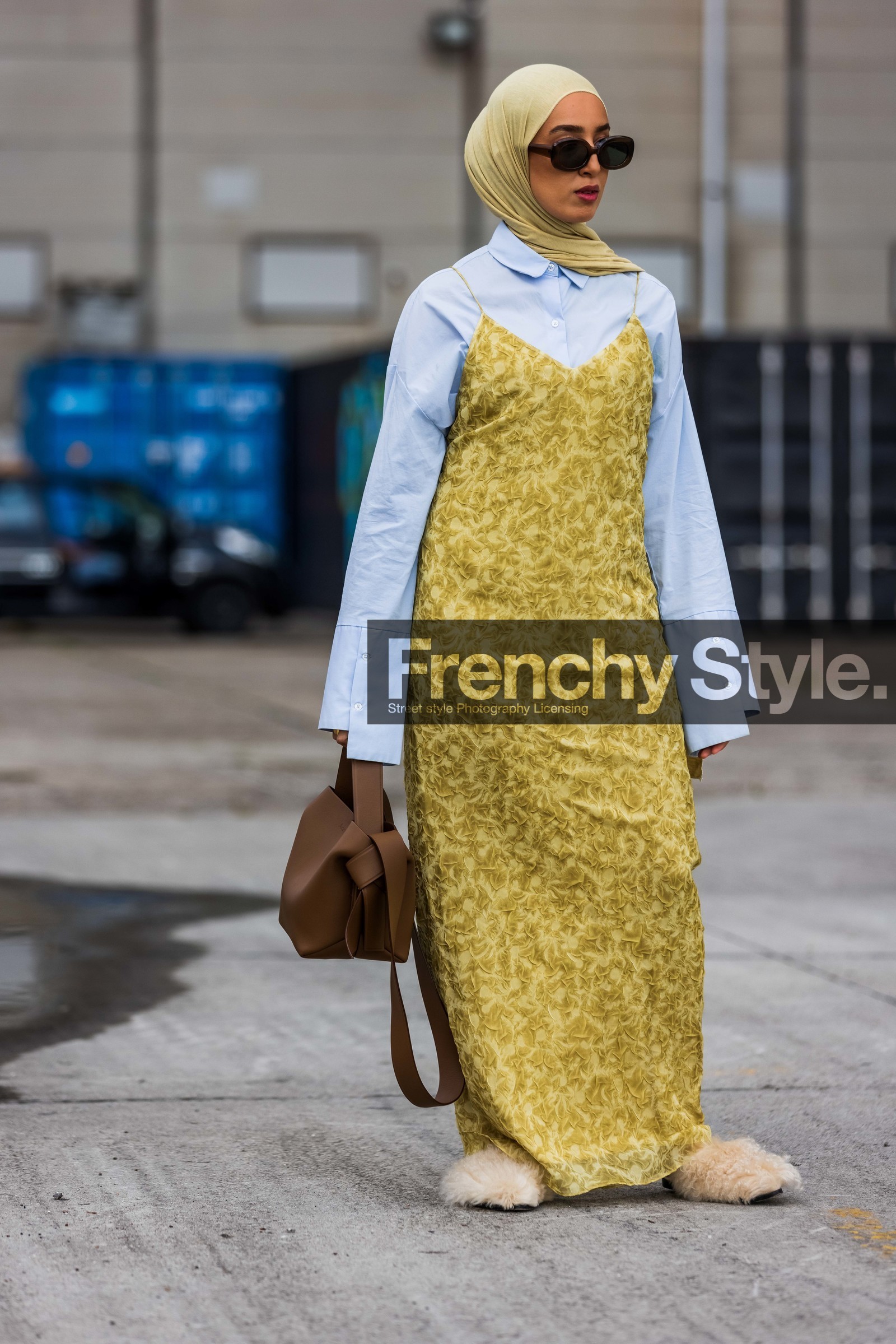 light blue shirt, yellow dress, yellow scarf, light yellow scarf, light yellow dress, brown sunglasses, hair scarf, hair details, brown leather bag, hand bag, acne studios bag, knot details bag, fur shoes, fur slipers, fashion week, frenchystyle, FW, jonathan paciullo, street style, SPRING SUMMER 2022, SS 22, COPENHAGEN, CPHFW, vertical, full length