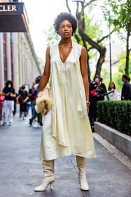 beige bag, cream dress, Didi Stone, dress, fendi bag, fendi jewellery, fendi necklace, fluffy bag, leather boots, monochrome, satin dress, white boots, white dress, white monochrome, fashion week, frenchystyle, FW, jonathan paciullo, street style, MFW, MILAN, SPRING SUMMER 2022, SS 22, vertical, full length