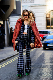 black bag, black pants, black suit, checked, checked suit, crop top, fur jacket, graphic jacket, graphic pants, graphic suit, green shoes, high heels, leather shoes, over the shoulder, plaid, printed jacket, printed pants, printed suit, red fur, sunglasses, trousers, velvet, white top, fashion week, frenchystyle, FW, jonathan paciullo, street style, LFW, LONDON, AUTUMN WINTER 2018-2019, AW 18-19, FALL WINTER 2018-2019, FW 18-19, vertical, full length, chelsea leyland