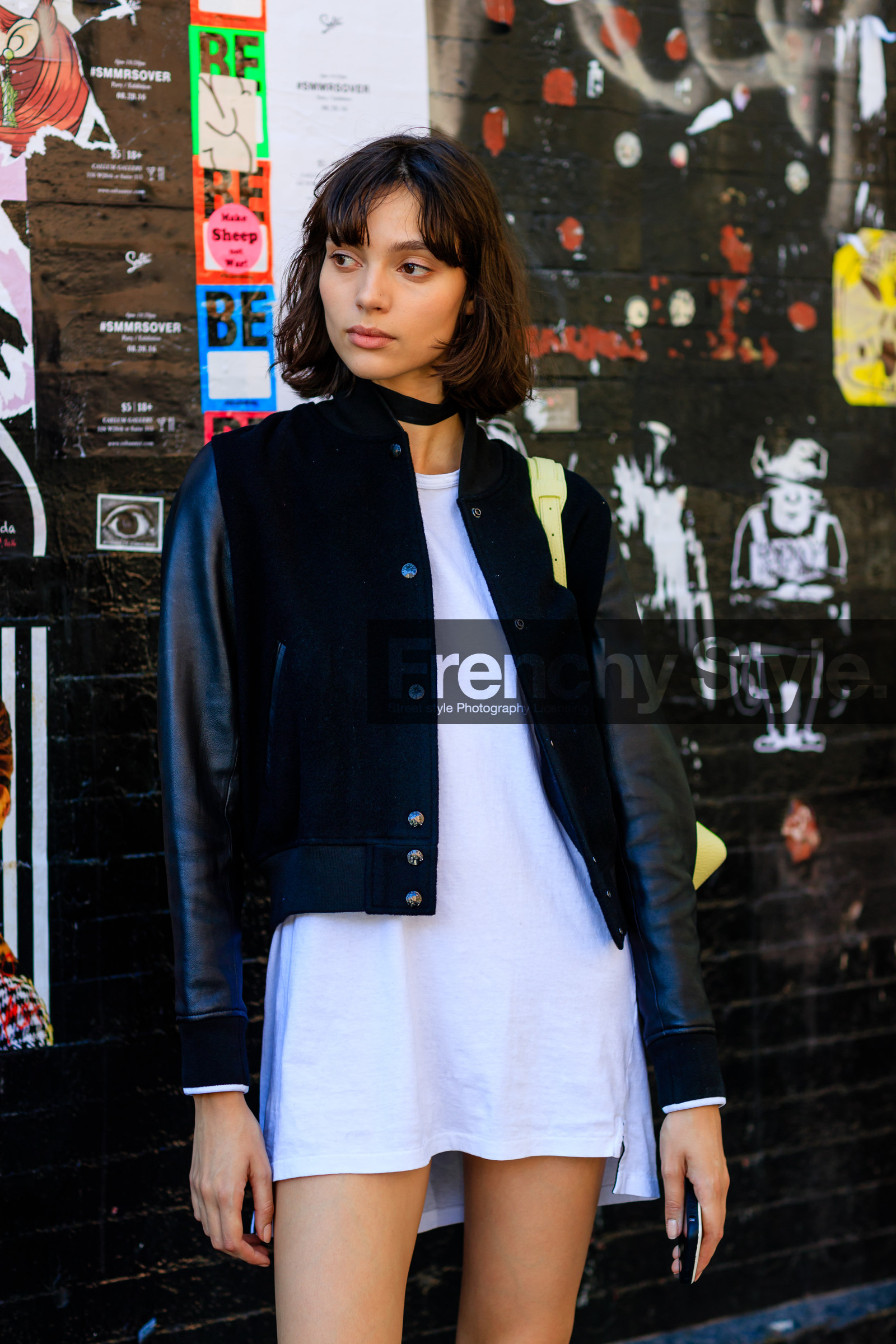 atmosphere details, black jacket, choker, fashion week, frenchystyle, FW, jonathan paciullo, model, NEW YORK, NYFW, portrait, SPRING SUMMER 2017, SS 17, street style, t shirt dress, teddy jacket, vertical, white dress, woman