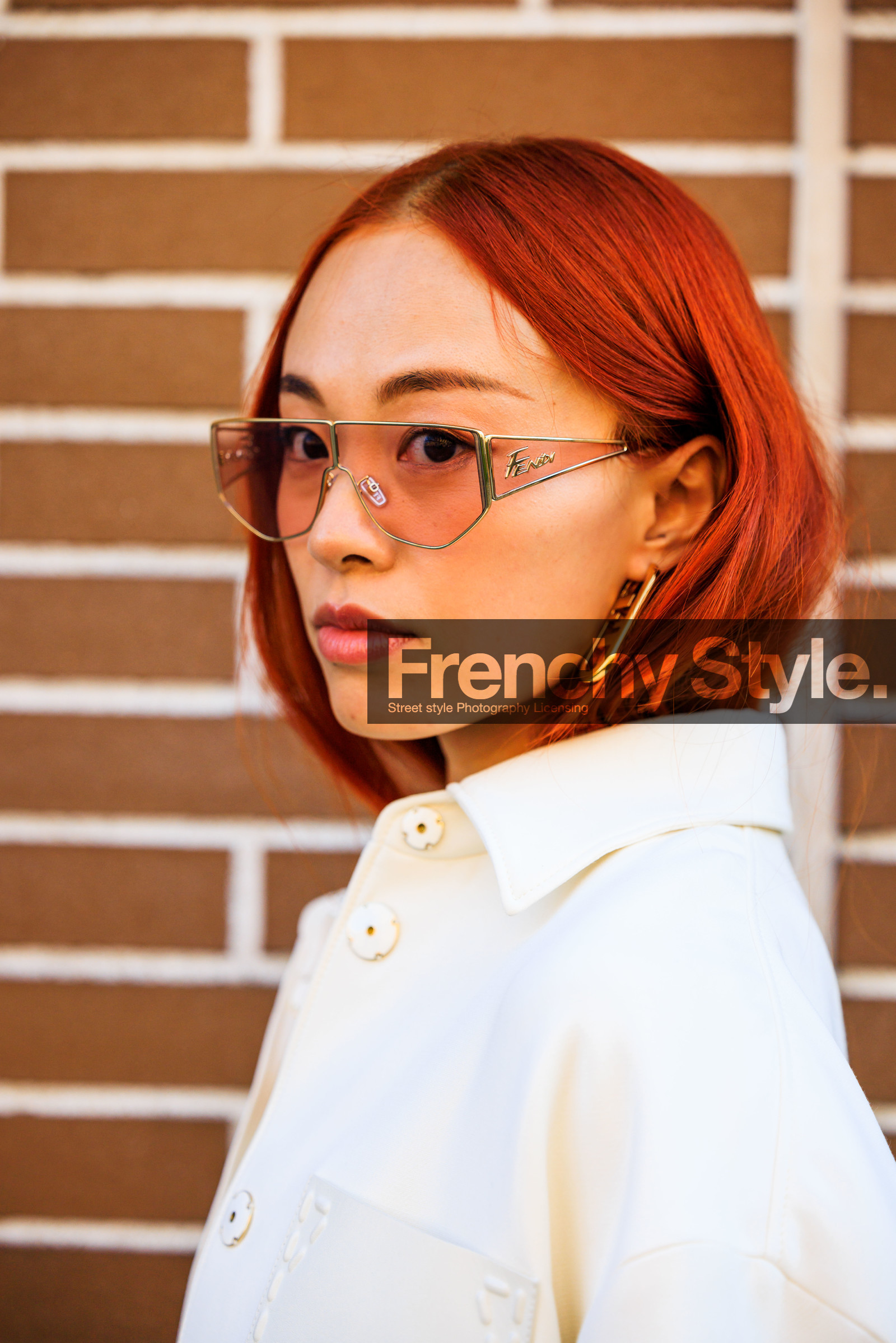 red hair, fendi sunglasses, red filter glasses, fendi earrings, details, close up, fashion week, frenchystyle, FW, jonathan paciullo, street style, MFW, MILAN, FALL WINTER 2022_2023, AUTUMN WINTER 2022-2023, FW 22-23, vertical, atmosphere details