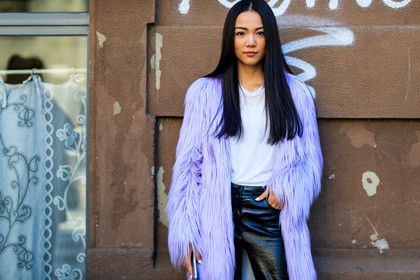atmosphere details, AUTUMN WINTER 2017-2018, AW 17-18, black pants, detail, FALL WINTER 2017-2018, fashion week, frenchystyle, Fur coat, FW, FW 17-18, horizontal, jonathan paciullo, leather pants, MFW, MILAN, purple coat, purple fur, street style, trousers, white t shirt, yoyo cao