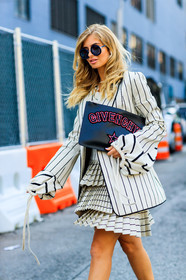 atmosphere details, beige jacket, beige skirt, black bag, blazer, detail, fashion week, frenchystyle, FW, geometric, givenchy, graphic jacket, jonathan paciullo, leather bag, NEW YORK, NYFW, pleated skirt, pleats, printed jacket, printed skirt, SPRING SUMMER 2018, SS 18, street style, striped jacket, striped skirt, sunglasses, vertical, xenia van der woodsen