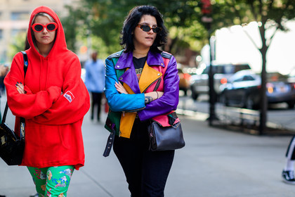 atmosphere details, black bag, black pants, detail, fashion week, frenchystyle, FW, green pants, hoodie, horizontal, jonathan paciullo, leather bag, leather jacket, leather perfecto, multicolor jacket, NEW YORK, NYFW, patchwork, red sweater, SPRING SUMMER 2018, SS 18, street style, sunglasses, trousers
