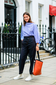 black pants, blue shirt, camel bag, céline, fashion week, frenchystyle, full length, FW, graphic shirt, jonathan paciullo, leather bag, leather shoes, leather sneakers, LFW, LONDON, printed shirt, SPRING SUMMER 2017, SS 17, street style, striped shirt, trousers, vertical, white sneakers, woman, zina charkoplia