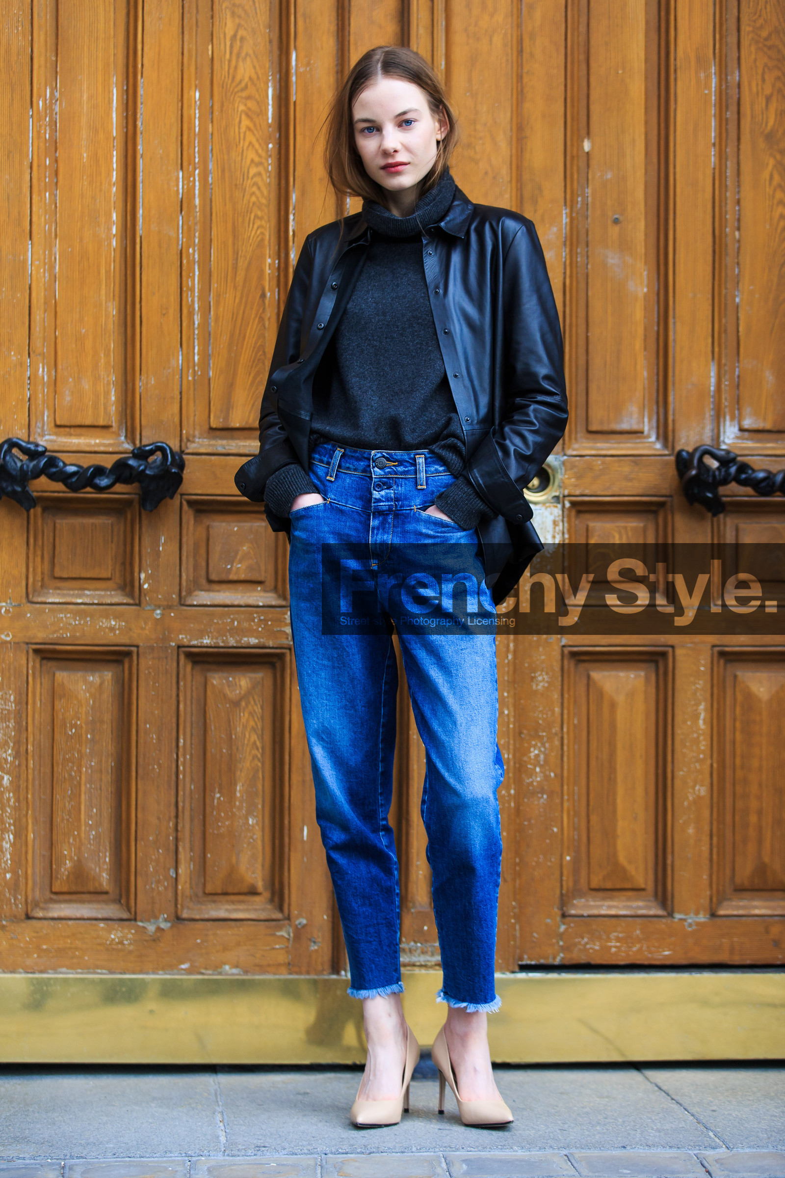 AUTUMN WINTER 2016-2017, AW 16-17, beige shoes, black shirt, black sweater, black turtleneck, blue denim, denim pants, FALL WINTER 2016-2017, fashion week, frenchystyle, full length, FW, FW 16-17, high heels, jeans, jonathan paciullo, leather shirt, leather shoes, nude heels, PARIS, PFW, street style, trousers, vertical