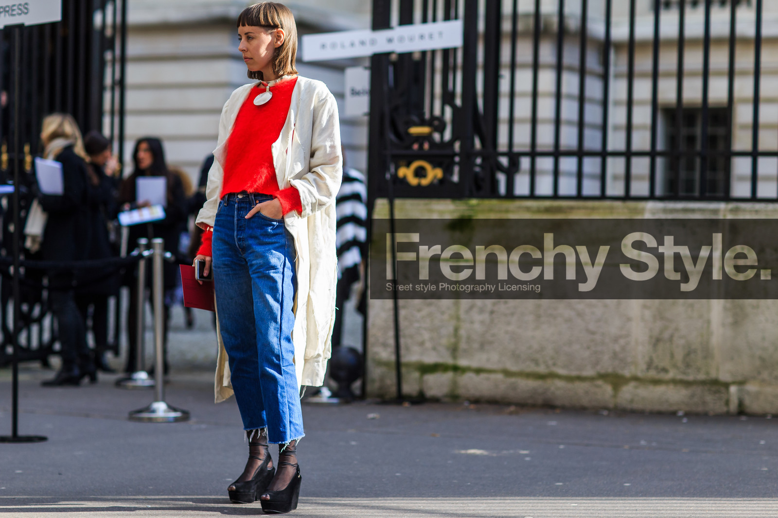 atmosphere details, AUTUMN WINTER 2016-2017, AW 16-17, beige coat, black shoes, black socks, blue denim, denim pants, FALL WINTER 2016-2017, fashion week, frenchystyle, full length, FW, FW 16-17, high heels, horizontal, jeans, jonathan paciullo, necklace, PARIS, PFW, red sweater, street style, suede shoes, trousers