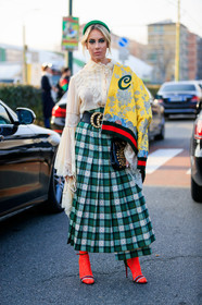 beige shirt, black bag, black belt, bomber jacket, checked, embroideries, golden details, graphic bag, graphic jacket, graphic skirt, green skirt, gucci, headband, high heels, leather bag, leather belt, leather shoes, over the shoulder, pearls, plaid, pleated skirt, printed bag, printed jacket, printed skirt, red shoes, studs, tartan, white blouse, yellow jacket, fashion week, frenchystyle, FW, jonathan paciullo, street style, MFW, MILAN, AUTUMN WINTER 2019-2020, AW 19-20, FALL WINTER 2019-2020, FW 19-20, vertical, full length