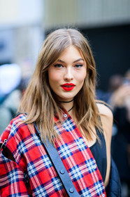 AUTUMN WINTER 2017-2018, AW 17-18, black bag, black tank top, checked shirt, choker, detail, FALL WINTER 2017-2018, fashion week, frenchystyle, FW, FW 17-18, grace bol, grace elizabeth, graphic jacket, graphic shirt, jonathan paciullo, leather bag, MFW, MILAN, model, necklace, plaid, portrait, printed jacket, printed shirt, red lips, red shirt, street style, vertical