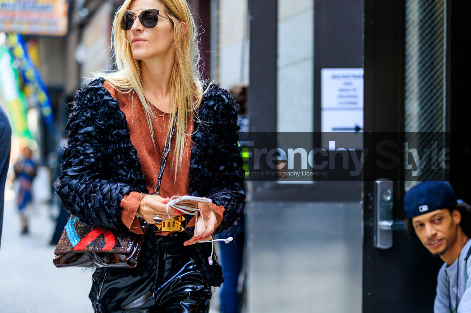 ada kokosar, atmosphere details, black jacket, black pants, brown bag, brown top, detail, fashion week, frenchystyle, FW, horizontal, jonathan paciullo, leather bag, leather pants, NEW YORK, NYFW, SPRING SUMMER 2018, SS 18, street style, sunglasses, trousers, vinyl