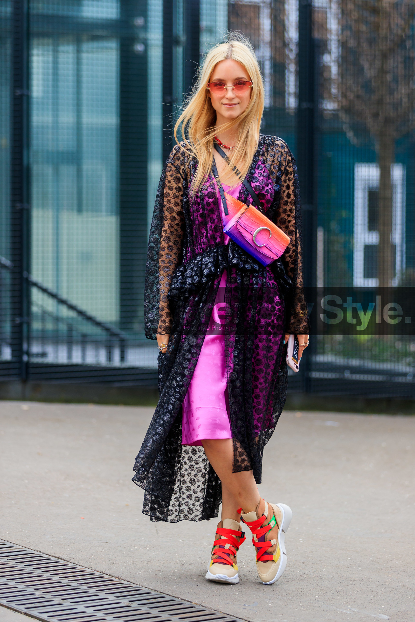 beige shoes, black dress, Charlotte Groeneveld, chloé, graphic bag, graphic dress, graphic jacket, leather bag, leather shoes, pink bag, pink dress, printed bag, printed dress, printed jacket, purple bag, ruffles, see through, sunglasses, PARIS, PFW, street style, jonathan paciullo, FW, frenchystyle, fashion week, AUTUMN WINTER 2019-2020, AW 19-20, FALL WINTER 2019-2020, FW 19-20, vertical, full length