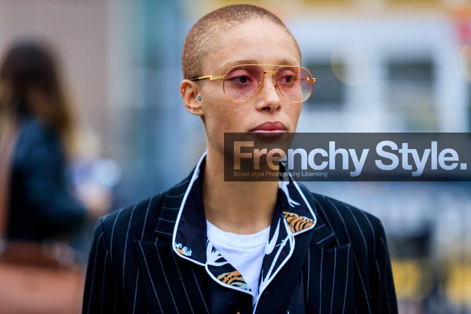adwoa aboah, atmosphere details, AUTUMN WINTER 2017-2018, AW 17-18, black jacket, black shirt, blazer, detail, FALL WINTER 2017-2018, fashion week, frenchystyle, FW, FW 17-18, horizontal, jonathan paciullo, MFW, MILAN, model, portrait, printed shirt, street style, striped jacket, sunglasses, white t shirt