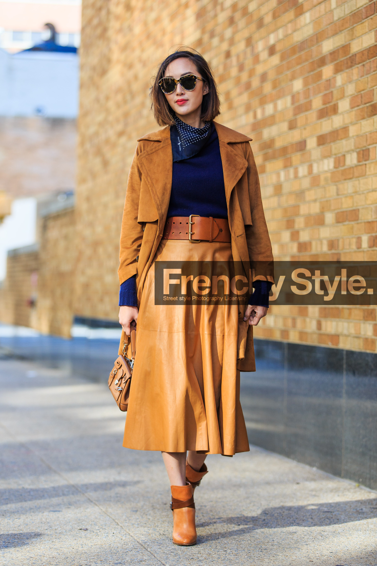 AUTUMN WINTER 2016-2017, AW 16-17, blue knit, blue scarf, blue sweater, brown belt, brown boots, brown jacket, brown skirt, camel bag, camel boots, camel coat, camel jacket, Chriselle Lim, fashion week, frenchystyle, full length, FW, FW 16-17, high heels, jonathan paciullo, leather bag, leather belt, leather boots, leather skirt, long skirt, NEW YORK, NYFW, polka dot, ralph lauren, street style, suede jacket, sunglasses, vertical, woman