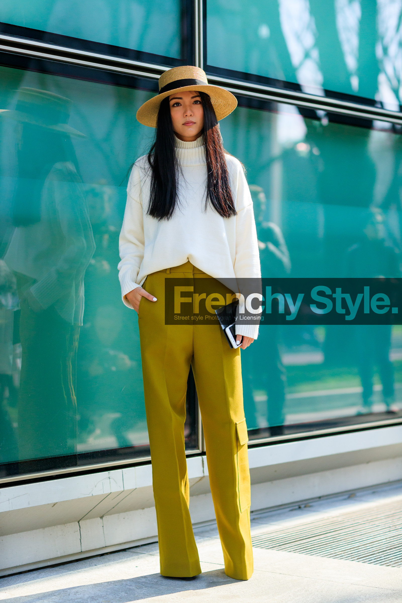 AUTUMN WINTER 2017-2018, AW 17-18, FALL WINTER 2017-2018, fashion week, frenchystyle, full length, FW, FW 17-18, green pants, jonathan paciullo, long hair, MFW, MILAN, straw hat, street style, trousers, tucked in, vertical, white knit, yellow pants, yoyo cao