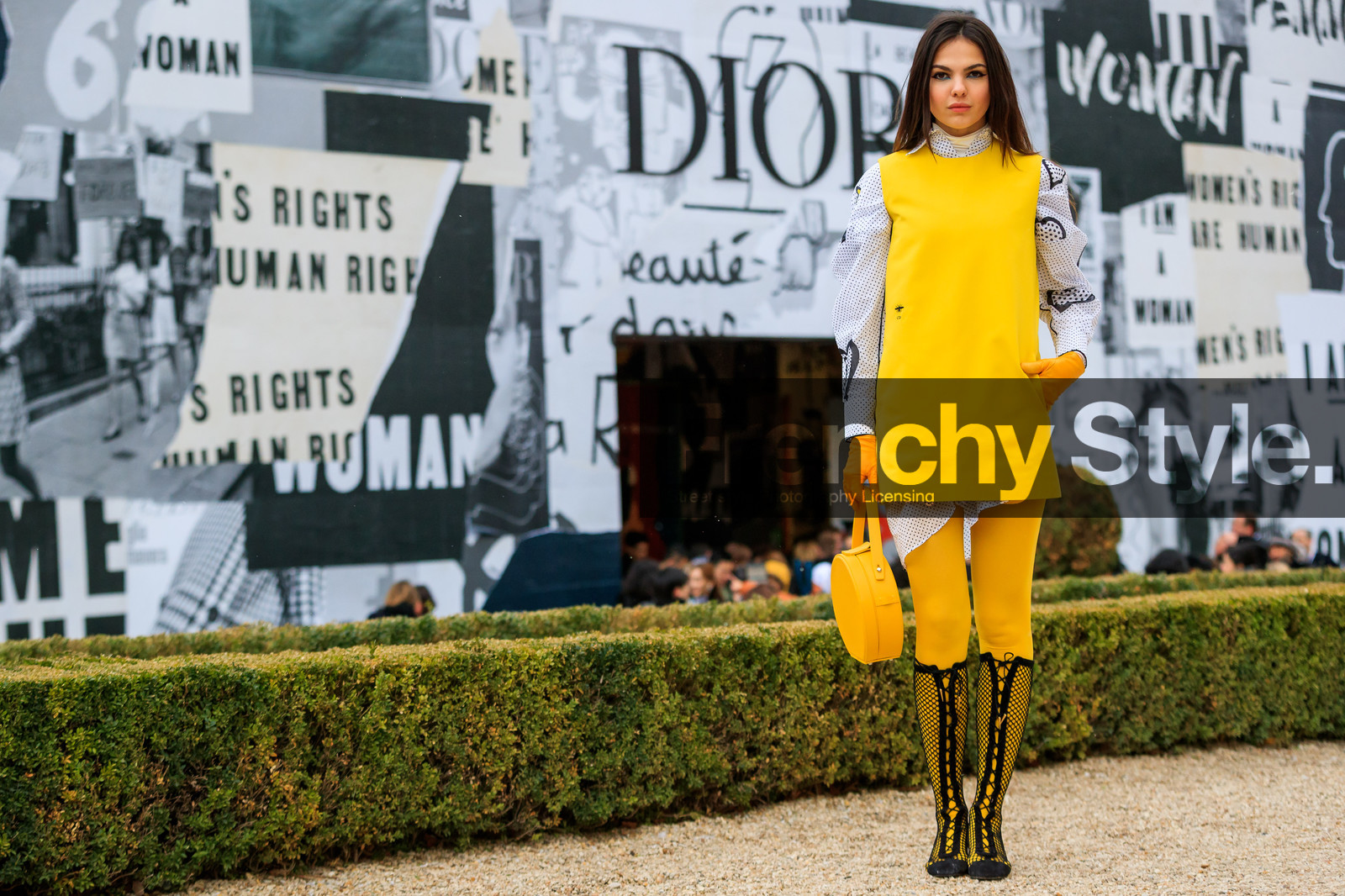 black shoes, christian dior, graphic shirt, high boots, leather bag, leather gloves, leather shoes, printed shirt, striped shirt, tights, yellow bag, yellow dress, yellow gloves, fashion week, frenchystyle, FW, jonathan paciullo, street style, PFW, PARIS, AUTUMN WINTER 2018-2019, FALL WINTER 2018-2019, FW 18-19, horizontal, atmosphere details, full length, doina ciobanu