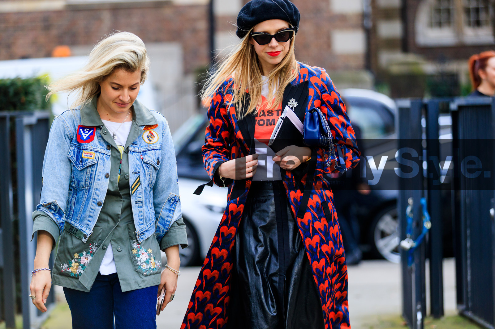 atmosphere details, AUTUMN WINTER 2017-2018, AW 17-18, beret, black bag, black hat, black skirt, blue bag, blue denim, brooch, chanel handbag, chloe king, denim jacket, denim pants, detail, embroidered jacket, embroidered shirt, FALL WINTER 2017-2018, fashion week, floral, flower, frenchystyle, FW, FW 17-18, green shirt, horizontal, jeans, jonathan paciullo, leather bag, leather skirt, LFW, LONDON, printed coat, red coat, street style, sunglasses, trousers