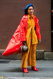 laureen uy, red leather boots, red leather jacket, vinyl jacket, vinyl shoes, camel toe margiela shoes, camel toe margiela boots, margiela boots, gucci bag, monogrammed bag, round shape bag, hand bag, brown leather bag, beige bag, orange shirt, orange pants, velvet shirt, velvet pants, corduroy pants, corduroy shirt, blue hair, dyed hair, fashion week, frenchystyle, FW, jonathan paciullo, street style, AUTUMN WINTER 2020-2021, FALL WINTER 2020-2021, FW 20-21, vertical, full length, NYFW, NEW YORK