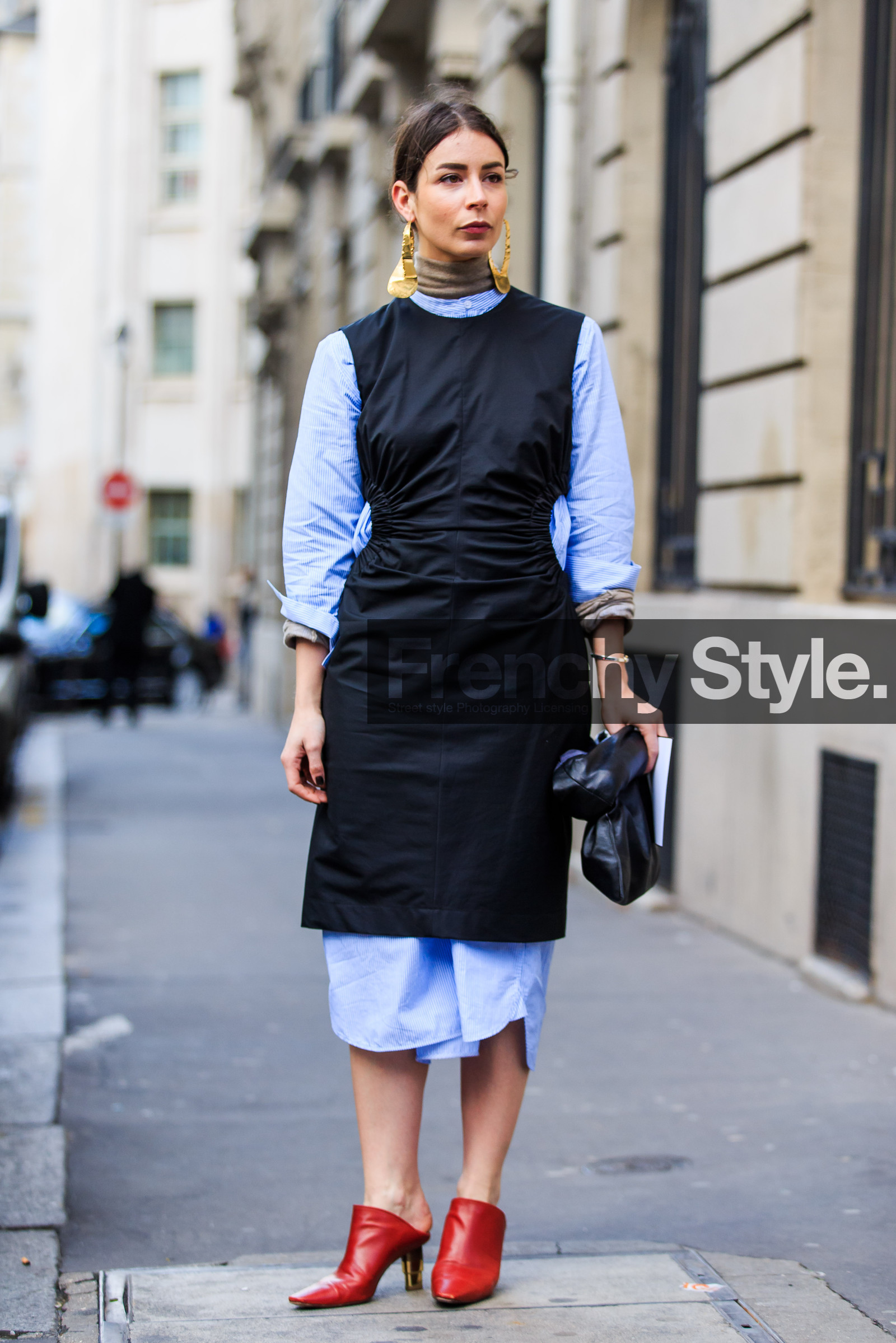 AUTUMN WINTER 2016-2017, AW 16-17, black dress, blue shirt, earrings, FALL WINTER 2016-2017, fashion week, frenchystyle, full length, FW, FW 16-17, golden jewelry, high heels, irina lakicevic, jonathan paciullo, leather shoes, mules, PARIS, PFW, red boots, shirt dress, sleeveless, street style, vertical