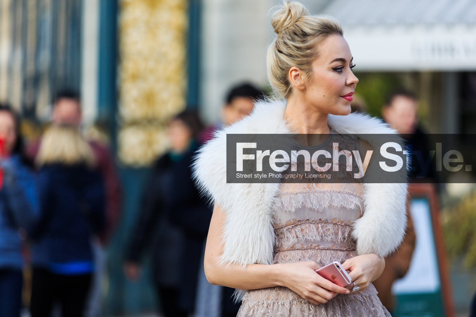 atmosphere details, AUTUMN WINTER 2016-2017, AW 16-17, bun, detail, FALL WINTER 2016-2017, fashion week, frenchystyle, fur jacket, FW, FW 16-17, horizontal, iphone, jonathan paciullo, lace dress, nude dress, PARIS, PFW, see through, sleeveless, street style, ulyana sergeenko, white fur, white jacket
