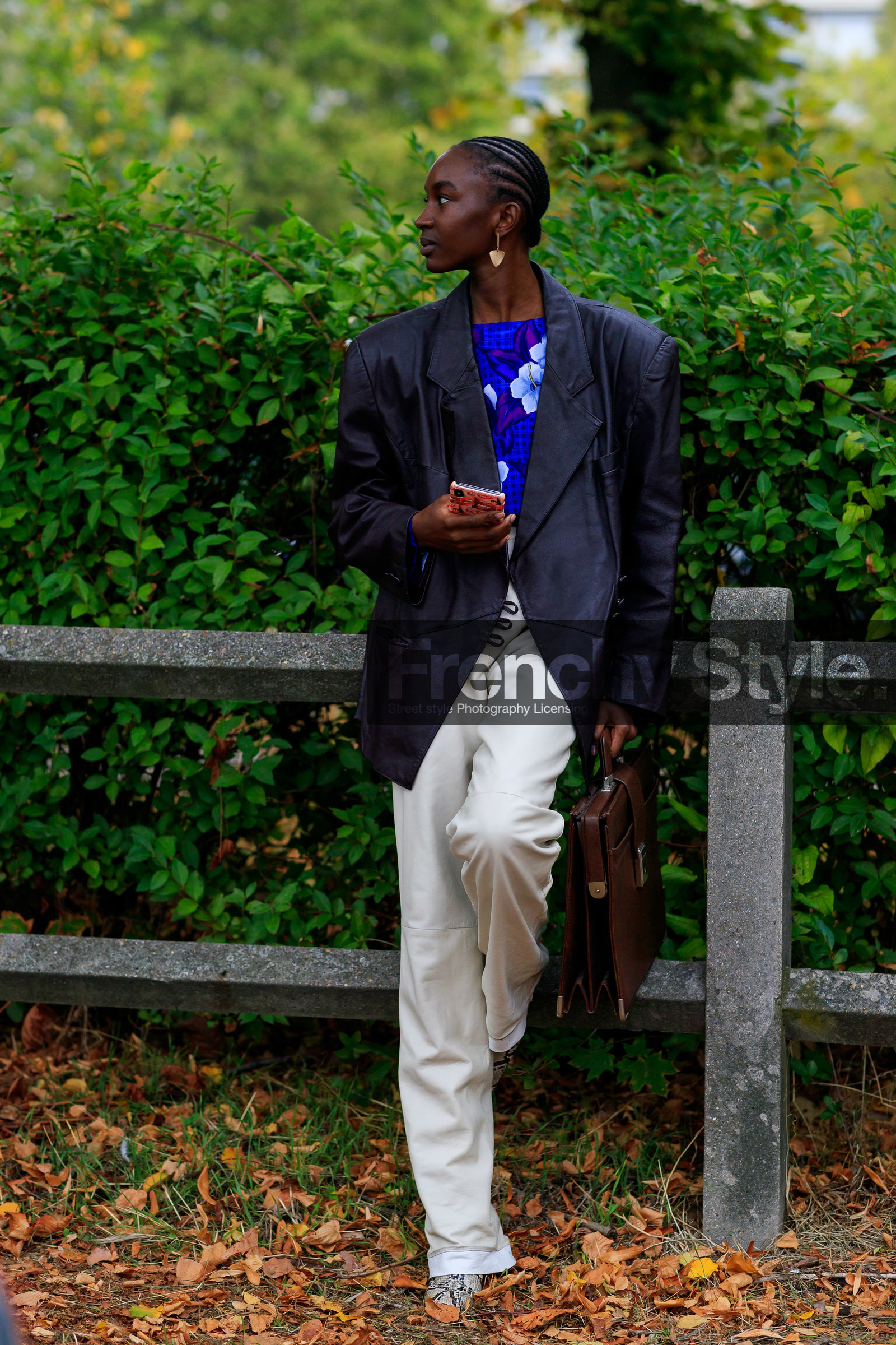 model, black leather jacket, white leather pants, oversize jacket, blue blouse, floral printed blouse, golden earrings, dangling earrings, brown leather bag, box bag, hand bag, animal skin boots, fashion week, frenchystyle, FW, jonathan paciullo, street style, SPRING SUMMER 2020, SS 20, PFW, PARIS, vertical, full length