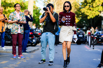 atmosphere details, beige skirt, black boots, bordeaux, burgundy, fashion week, frenchystyle, full length, FW, high heels, horizontal, jonathan paciullo, leather shoes, PARIS, PFW, red sweater, SPRING SUMMER 2017, SS 17, street style, sunglasses, tommy ton, yoyo cao