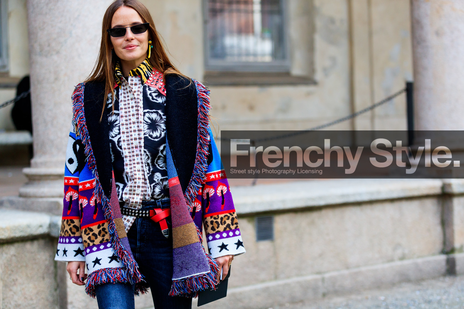 animal print, black belt, blue denim, denim pants, floral, flowers, fringes, graphic jacket, graphic shirt, jeans, leather belt, leopard, multicolor jacket, pink, prada, printed jacket, printed shirt, purple, purple jacket, red, studs, sunglasses, trousers, turquoise, yellow, fashion week, frenchystyle, FW, jonathan paciullo, street style, MFW, MILAN, AUTUMN WINTER 2018-2019, FALL WINTER 2018-2019, FW 18-19, horizontal, atmosphere details, carlotta oddi