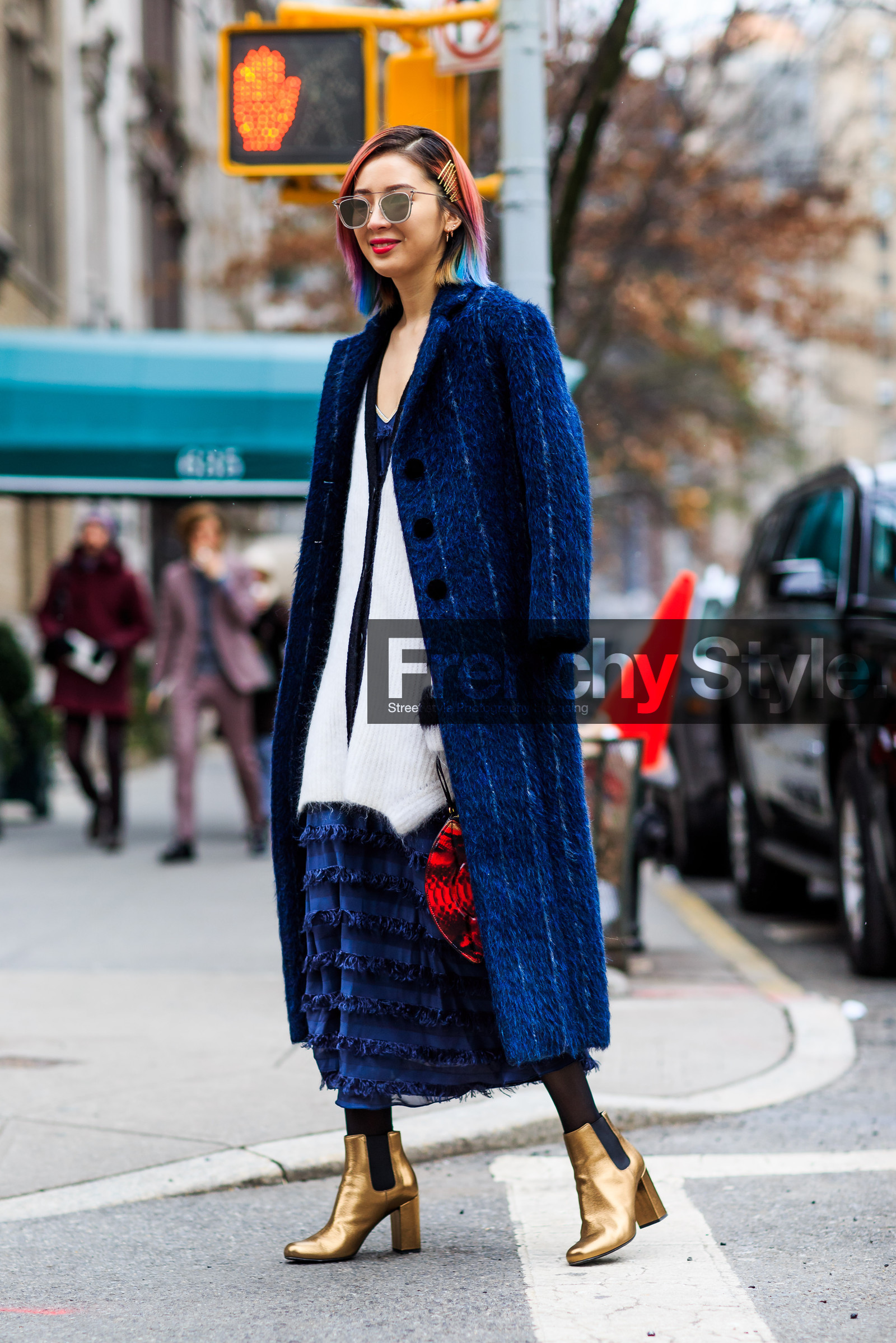 AUTUMN WINTER 2016-2017, AW 16-17, blue coat, blue dress, cashmere, dyed hair, fashion week, frenchystyle, fringes, full length, FW, FW 16-17, golden boots, irene kim, jonathan paciullo, layers, leather boots, long dress, NEW YORK, NYFW, street style, striped coat, sunglasses, vertical, white cardigan, woman, wool coat