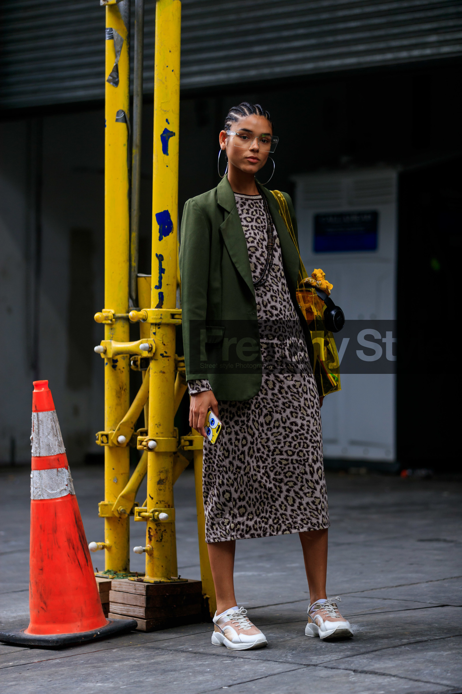 animal print, braids, brown dress, earrings, graphic dress, green jacket, headphones, leather shoes, leopard, model, pink sneakers, printed dress, transparent bag, yellow bag, street style, jonathan paciullo, FW, frenchystyle, fashion week, NEW YORK, NYFW, SPRING SUMMER 2020, SS 20, vertical, full length