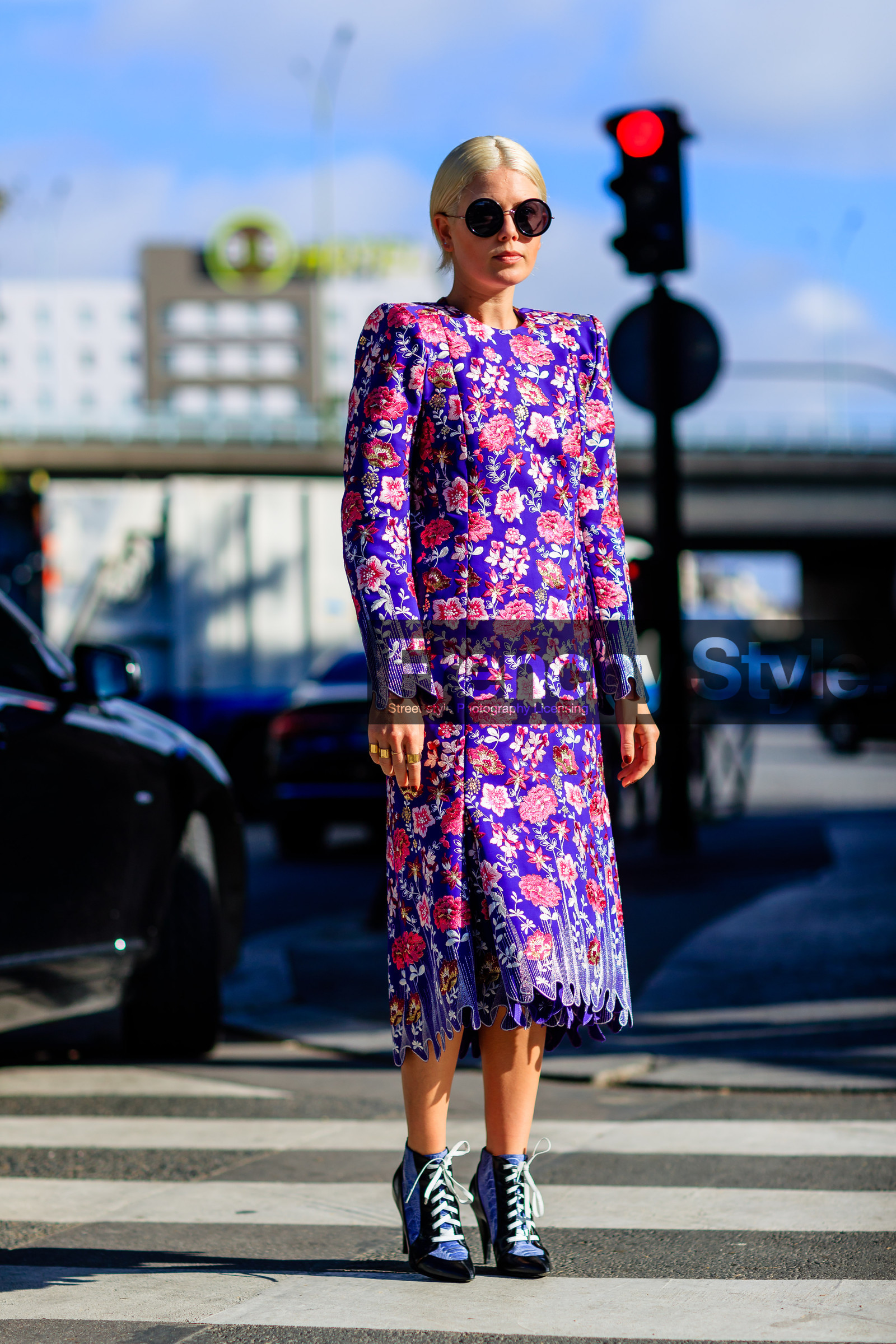 blue boots, fashion week, fendi, floral, flower, frenchystyle, full length, FW, high heels, jonathan paciullo, lace up shoes, leather shoes, PARIS, PFW, printed dress, purple dress, SPRING SUMMER 2017, SS 17, street style, sunglasses, vertical
