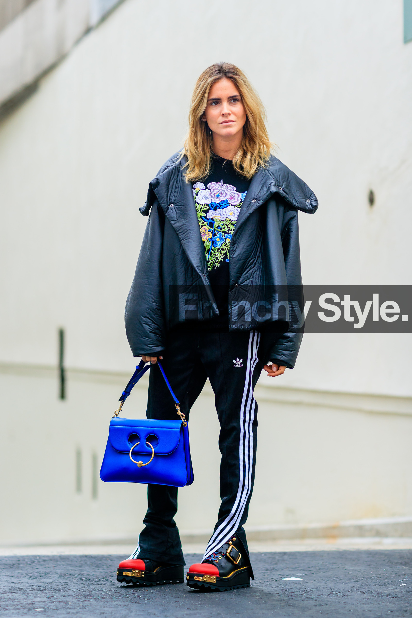 adidas, black boots, black jacket, black pants, black t shirt, blanca miro, blue bag, fashion week, floral, flower, frenchystyle, full length, FW, hood, jonathan paciullo, jw anderson, leather bag, leather jacket, leather shoes, LFW, LONDON, printed t shirt, ranger boots, SPRING SUMMER 2017, SS 17, street style, sweatpants, trousers, vertical, woman